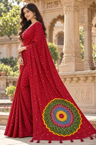 Red color printed with all over mirror work on premium satin saree