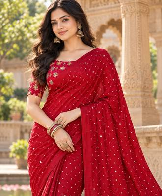 Red color printed with all over mirror work on premium satin saree 3