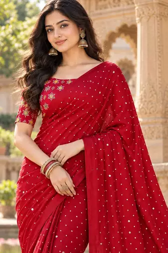 Red color printed with all over mirror work on premium satin saree
