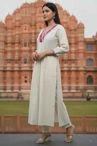 Off white printed liva kurta trouser set