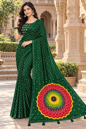 Green color printed with all over mirror work on premium satin saree