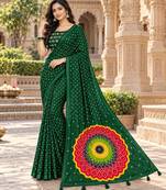 Green color printed with all over mirror work on premium satin saree