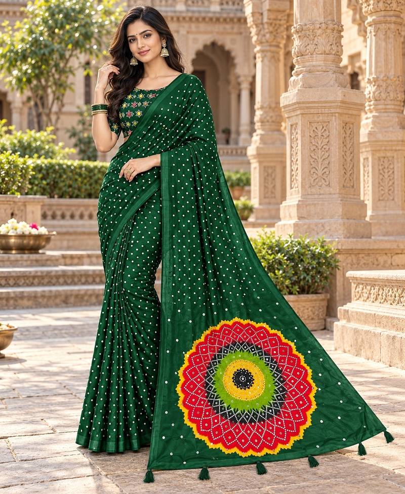 Green color printed with all over mirror work on premium satin saree