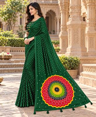 Green color printed with all over mirror work on premium satin saree 2