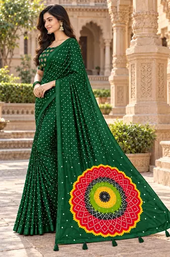 Green color printed with all over mirror work on premium satin saree