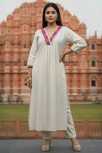 Off white printed liva kurta trouser set