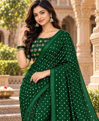 Green color printed with all over mirror work on premium satin saree 3