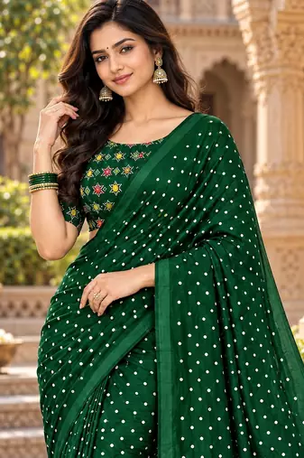 Green color printed with all over mirror work on premium satin saree