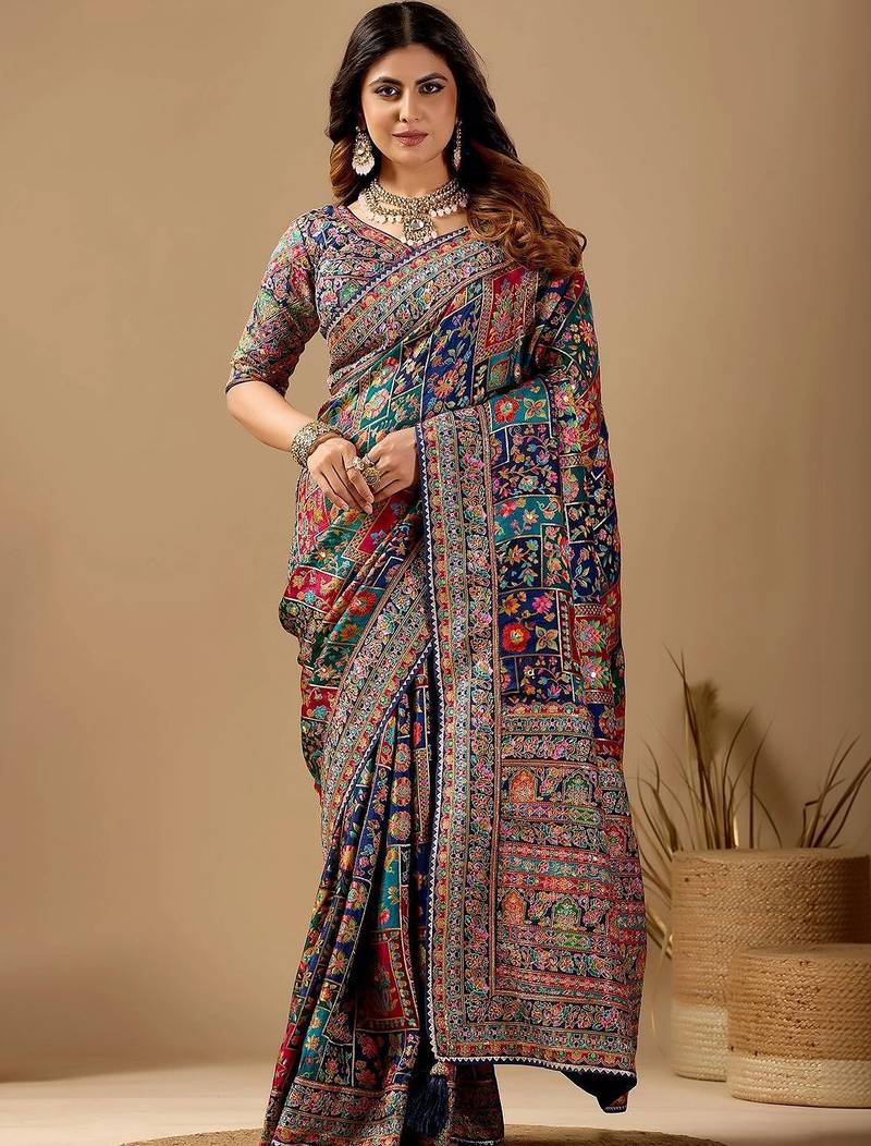 Multicolor paisley embroidered silk blend designer banarasi saree