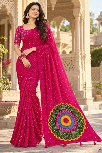 Pink color printed with all over mirror work on premium satin saree