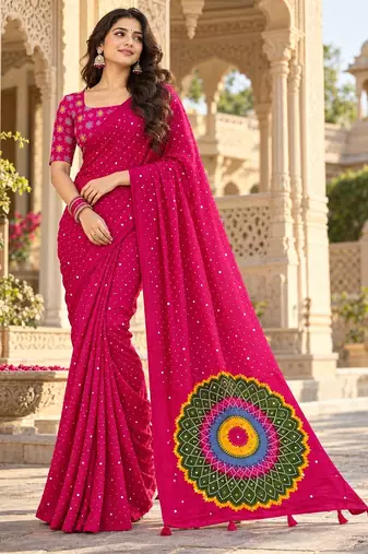 Pink color printed with all over mirror work on premium satin saree