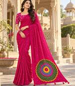 Pink color printed with all over mirror work on premium satin saree