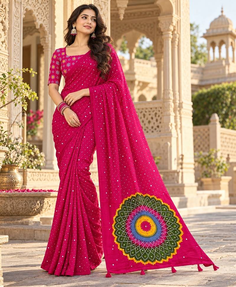 Pink color printed with all over mirror work on premium satin saree