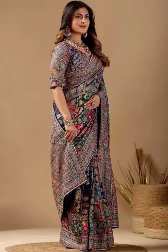 Multicolor paisley embroidered silk blend designer banarasi saree