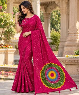 Pink color printed with all over mirror work on premium satin saree 2