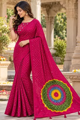 Pink color printed with all over mirror work on premium satin saree