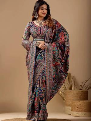 Multicolor paisley embroidered silk blend designer banarasi saree 3
