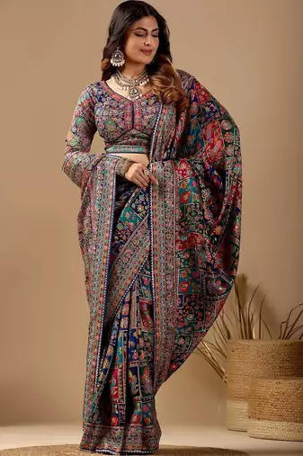 Multicolor paisley embroidered silk blend designer banarasi saree