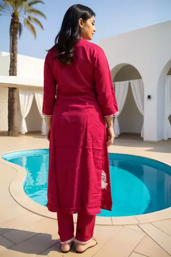 Maroon embroidered viscose rayon kurta trouser set