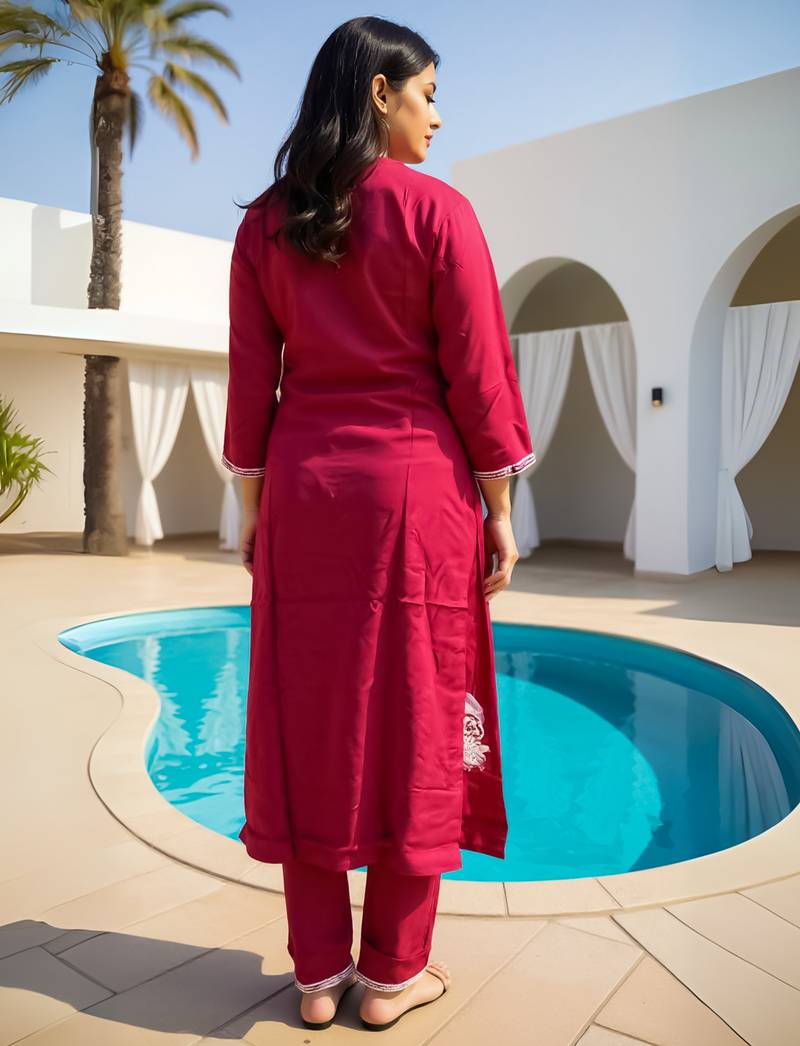 Maroon embroidered viscose rayon kurta trouser set