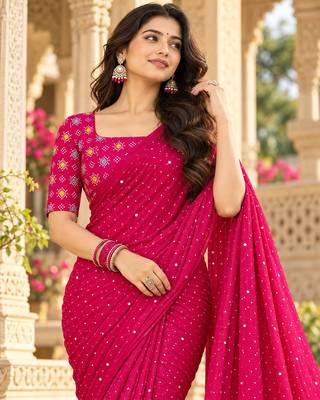 Pink color printed with all over mirror work on premium satin saree 3