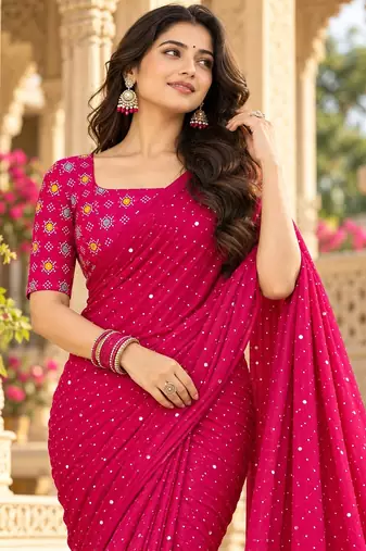 Pink color printed with all over mirror work on premium satin saree
