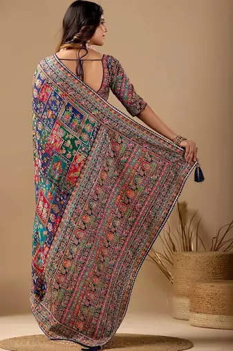 Multicolor paisley embroidered silk blend designer banarasi saree