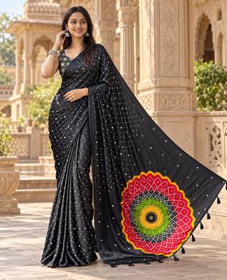 Black color printed with all over mirror work on premium satin saree 1