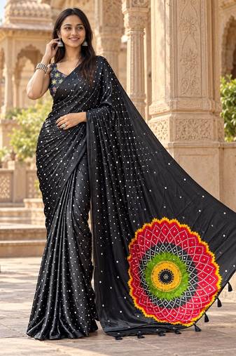 Black color printed with all over mirror work on premium satin saree