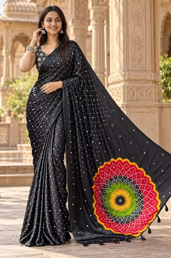 Black color printed with all over mirror work on premium satin saree