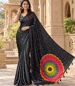 Black color printed with all over mirror work on premium satin saree