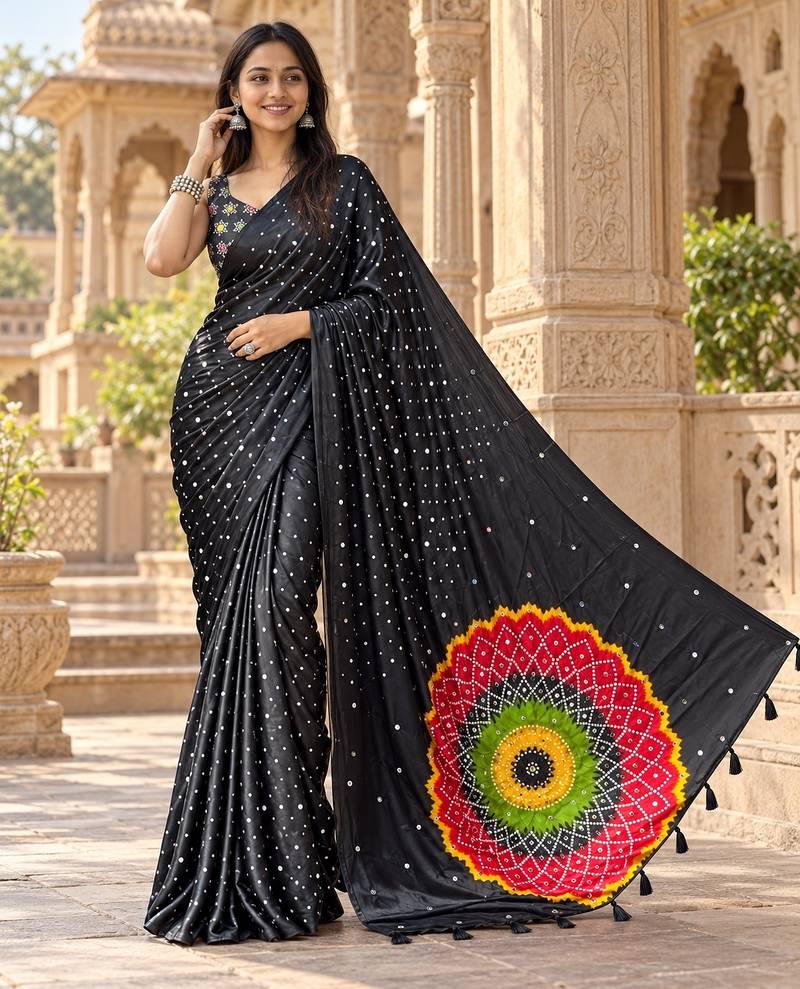 Black color printed with all over mirror work on premium satin saree