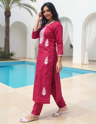 Maroon embroidered viscose rayon kurta trouser set 3