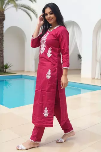 Maroon embroidered viscose rayon kurta trouser set