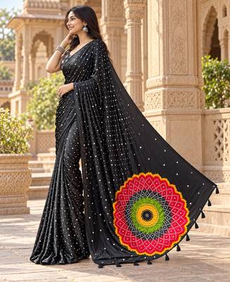 Black color printed with all over mirror work on premium satin saree 2