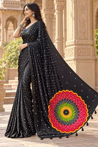 Black color printed with all over mirror work on premium satin saree