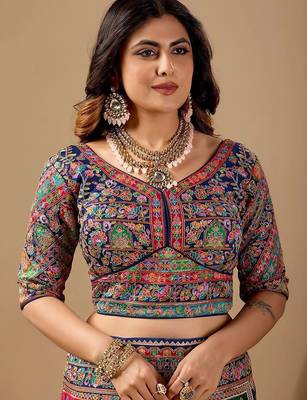 Multicolor paisley embroidered silk blend designer banarasi saree 5