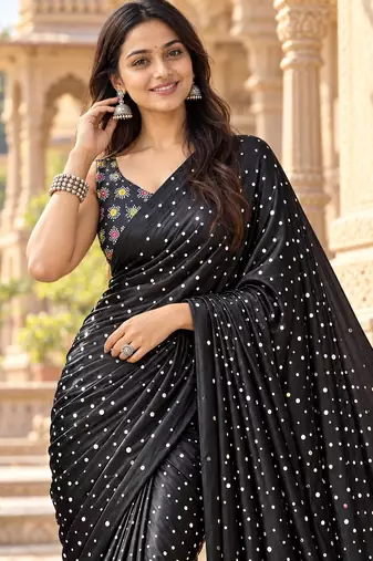Black color printed with all over mirror work on premium satin saree