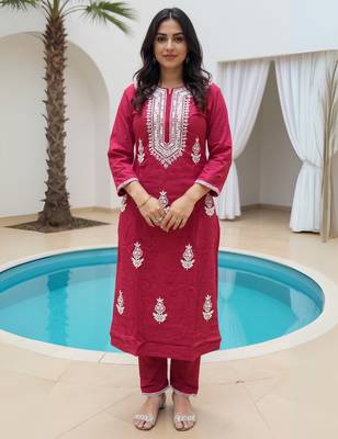 Maroon embroidered viscose rayon kurta trouser set 4