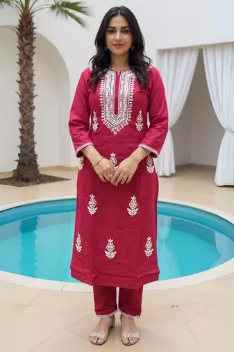 Maroon embroidered viscose rayon kurta trouser set