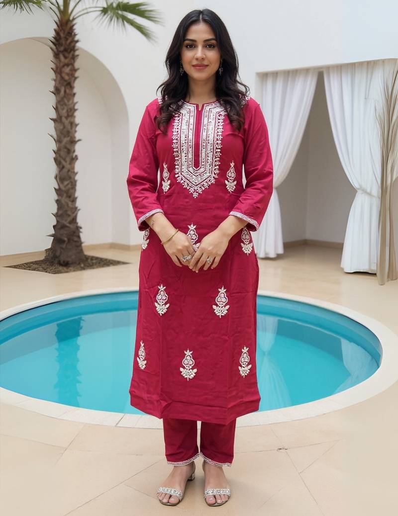 Maroon embroidered viscose rayon kurta trouser set