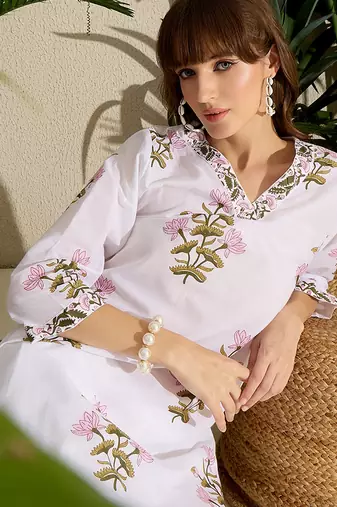 White printed cotton kurta trouser set