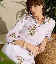 White printed cotton kurta trouser set