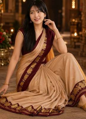 Beige zari  cotton kanjeevaram saree 1