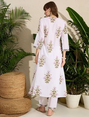 White printed cotton kurta trouser set 3