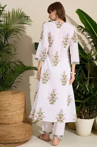 White printed cotton kurta trouser set