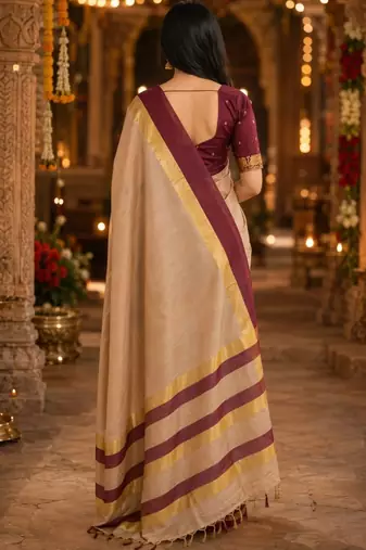 Beige zari  cotton kanjeevaram saree