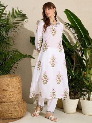 White printed cotton kurta trouser set 1