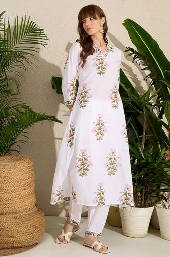 White printed cotton kurta trouser set