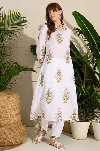 White printed cotton kurta trouser set